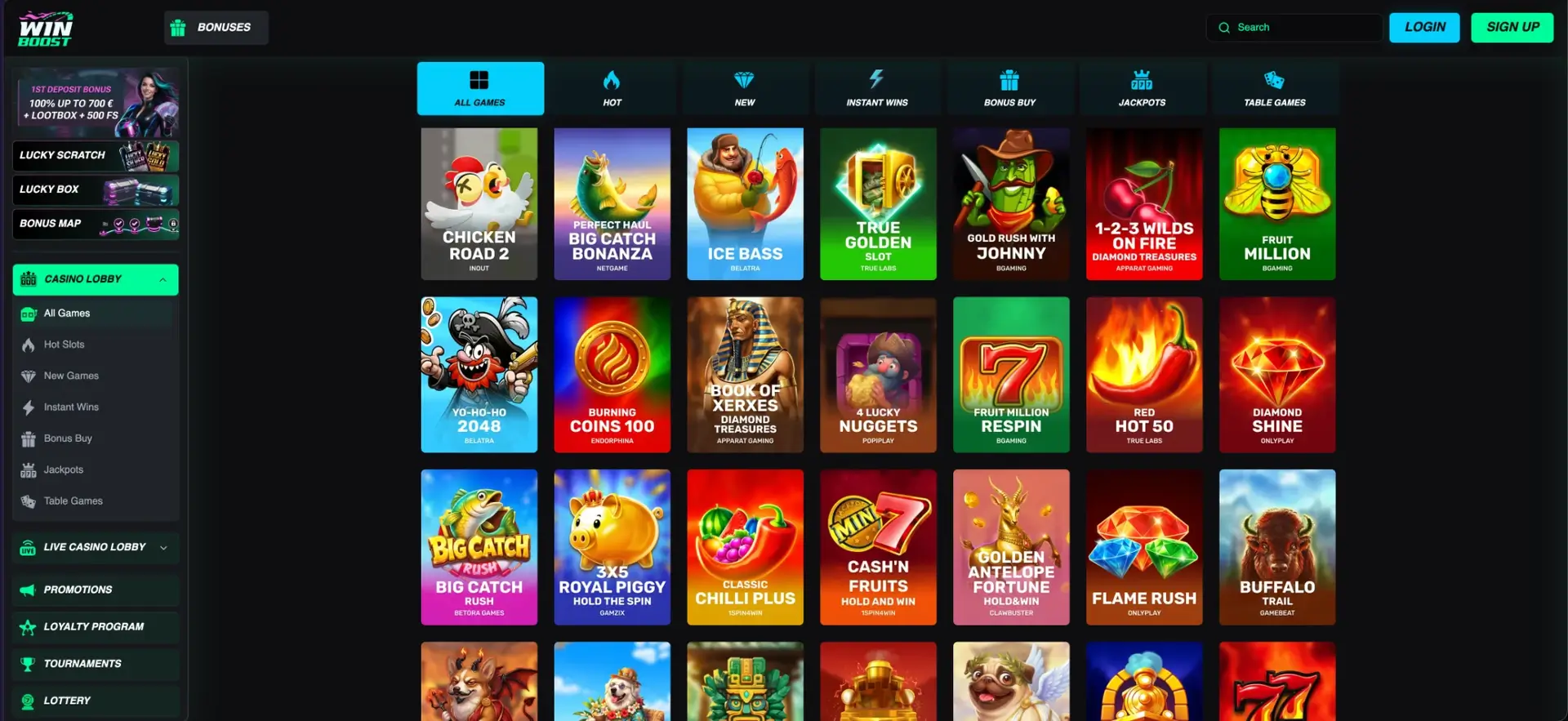 WinBoost casino lobby and slot catalogue