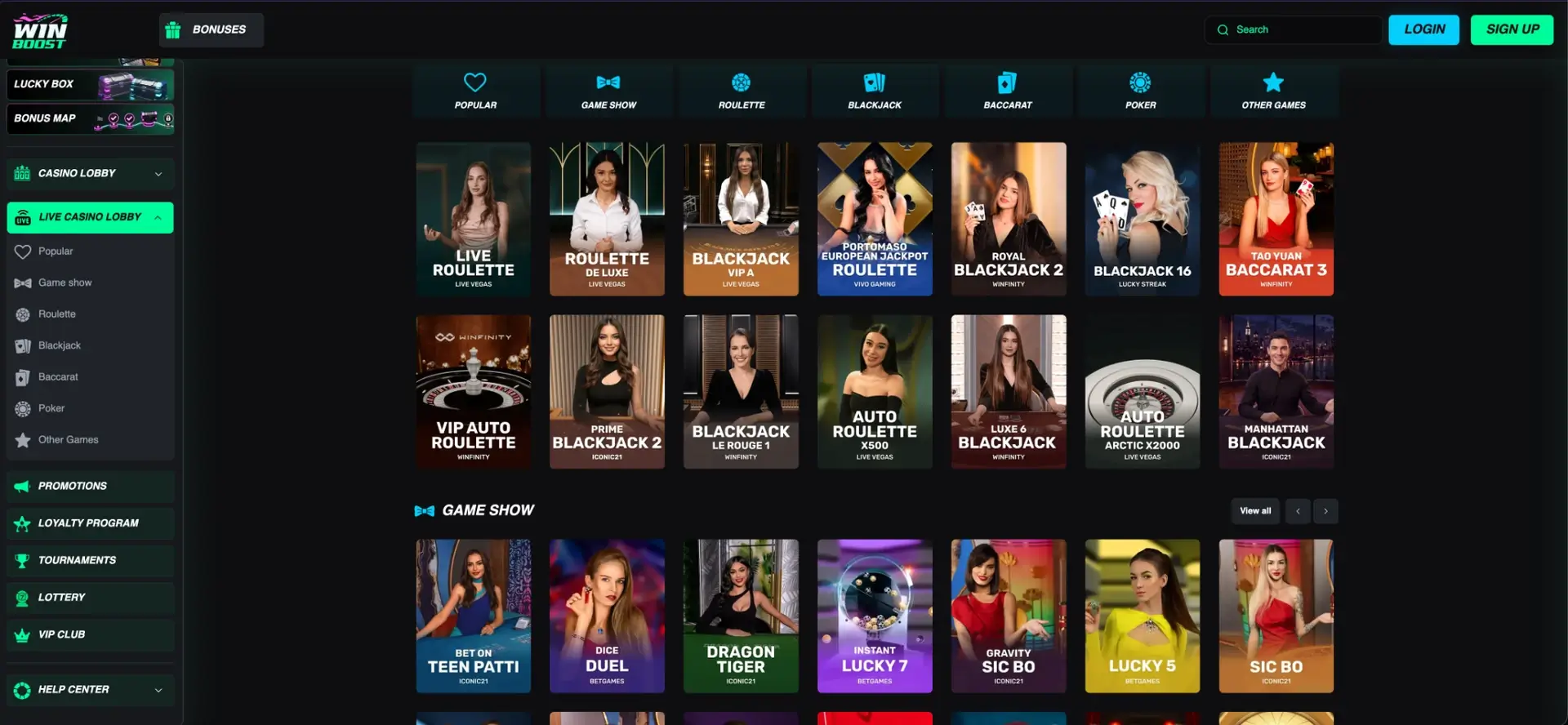 WinBoost live casino lobby