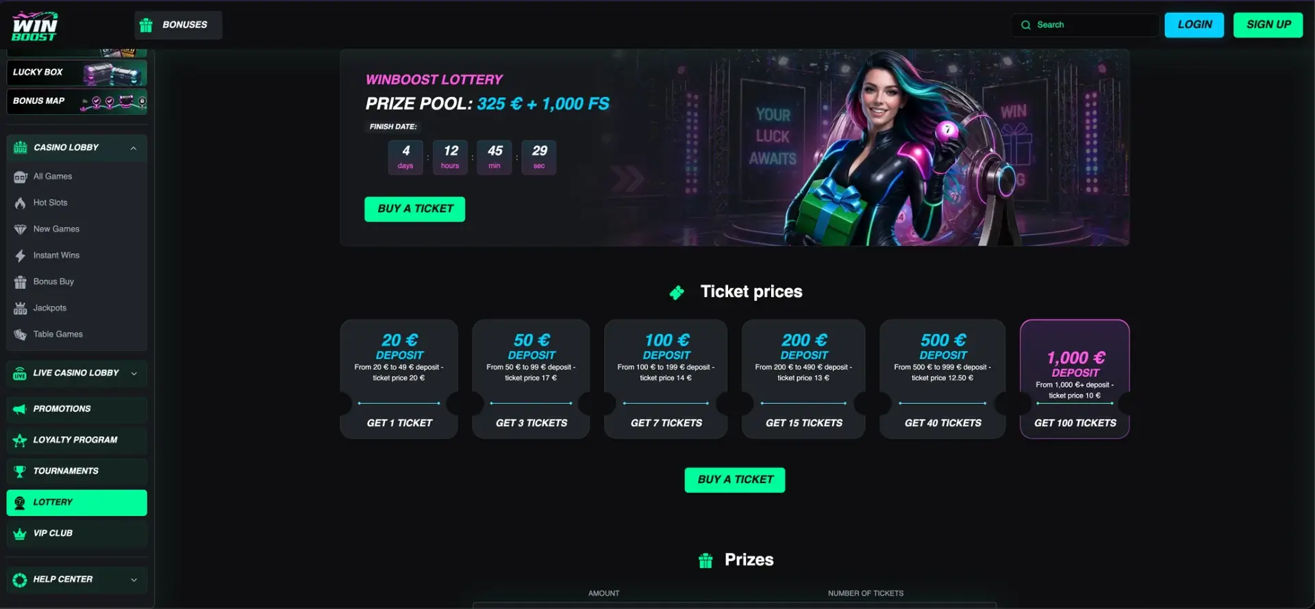 WinBoost lottery ticket prices and free-spin prizes
